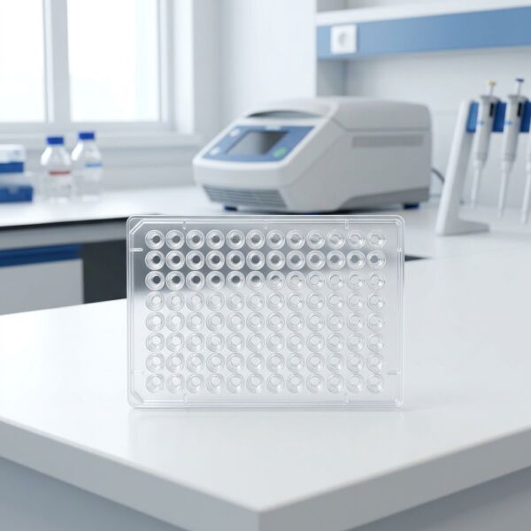 Clear 96-well pcr plate microplate standing upright on a laboratory bench