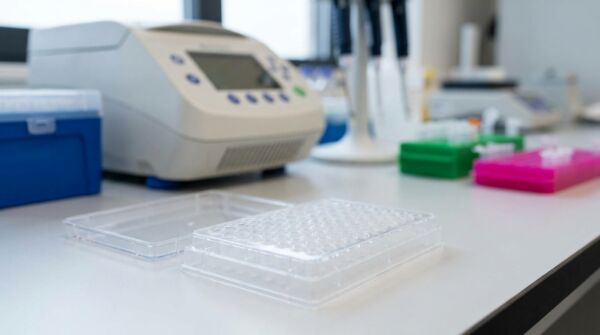 Collection of transparent laboratory pcr plate microplates for sample preparation and testing
