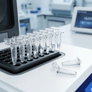 Product Range 1 Clear PCR tubes arranged in a tube rack for molecular biology and diagnostic testing