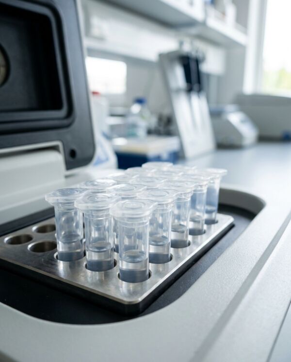 0.2 mL Optical Clear PCR Tubes – Flat & Domed Cap Options 8 PCR tubes loaded in a thermal cycler for DNA amplification and molecular biology testing