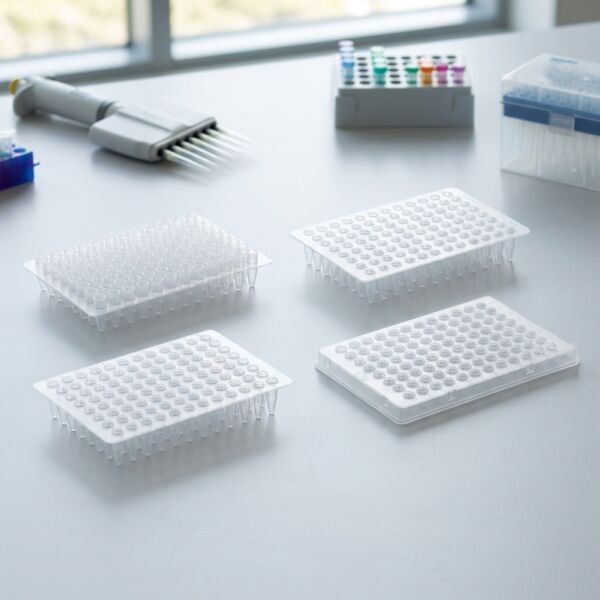 96-well microplate with transparent pcr plate lid placed on a laboratory bench near scientific equipment