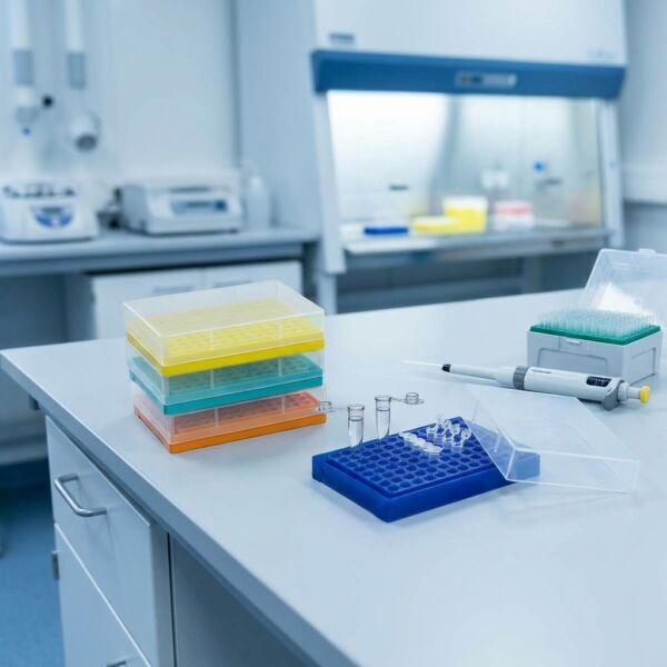 0.2 mL Optical Clear PCR Tubes – Flat & Domed Cap Options 10 Laboratory PCR tubes with storage racks and micropipette on a research workstation