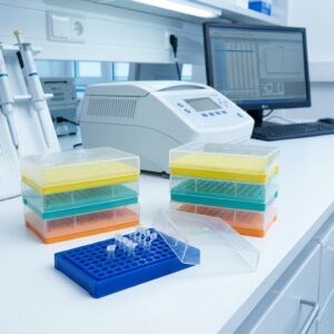 PCR rack with cover used for organizing PCR tubes and strips in a laboratory workstation