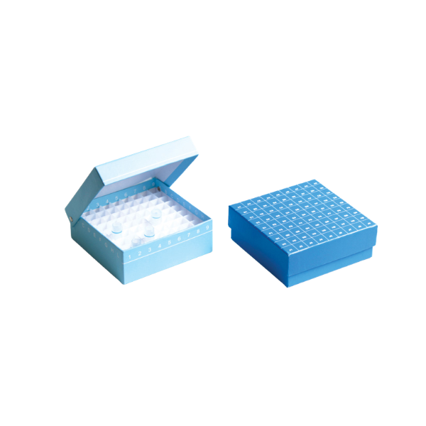Sturdy cardboard cryo box, cold-resistant, for storing cryovials, microtubes, and centrifuge tubes