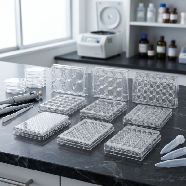 Assorted cell culture plates including 6 well, 12 well, 24 well, 96 well and 384 well TC treated sterile plates for laboratory cell culture applications.
