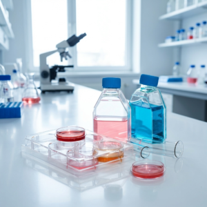 Laboratory cell culture bottles and petri dishes on lab table