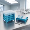 PCR tube rack with storage trays and laboratory equipment on a research bench