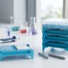 PCR workbench with stackable trays and tube racks for molecular biology laboratories