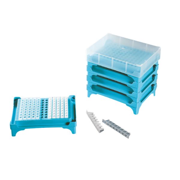 Stackable PCR workbench compatible with PCR tubes, strips, and all types of plates