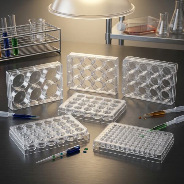 Transparent sterile cell culture plates with various well configurations including 6 well, 12 well, 24 well and 96 well formats in a laboratory environment.