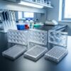 TC treated sterile cell culture plates available in 6 well, 12 well, 24 well, 96 well and 384 well formats displayed in a modern laboratory.