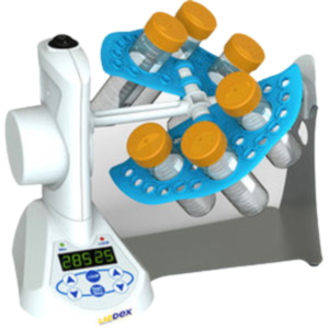 3-D laboratory shaker with 3D motion for efficient sample mixing, compatible with cold rooms, featuring multiple rotating frame configurations for 5 ml to 50 ml tubes.