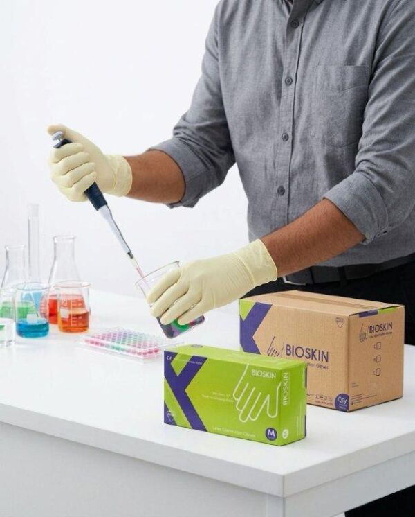 Bioskin latex exam gloves 1 Natural rubber latex gloves, biodegradable, slightly powdered, medical exam use