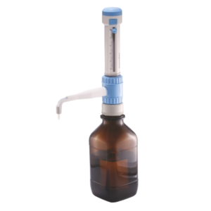 Fully autoclavable laboratory bottle top dispenser with telescopic filling tube, compatible with various bottle sizes for accurate liquid dispensing.