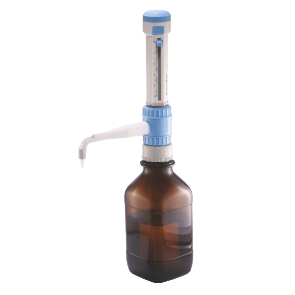 Fully autoclavable laboratory bottle top dispenser with telescopic filling tube, compatible with various bottle sizes for accurate liquid dispensing.