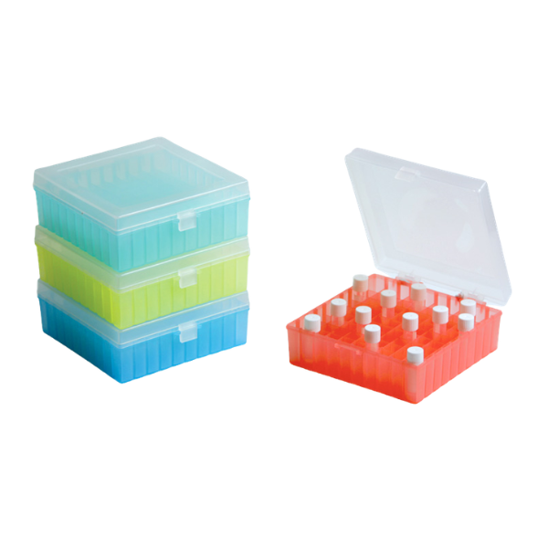 Polypropylene cryo box with tight-fitting lid, autoclavable and freezable, for cryovials and microtubes