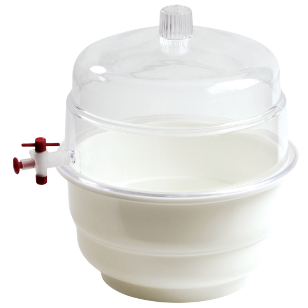 Vacuum desiccator with transparent polycarbonate cover and polypropylene base, moisture-preserving laboratory equipment