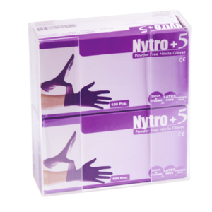 Clear acrylic wall-mounted glove holder for medical or laboratory use