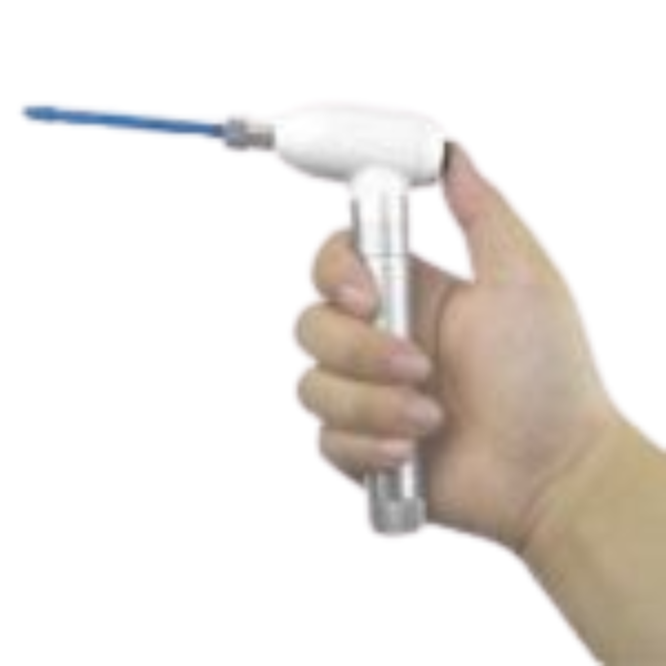 Hand holding a compact hand-held laboratory homogenizer with attached pestle for efficient sample mixing.