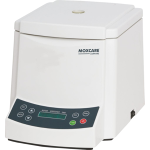 High speed laboratory centrifuge with brushless DC motor, LCD display, up to 16,000 RPM, 17,800×g centrifugal force, heavy base to minimize vibration, and digital controls for speed and time.