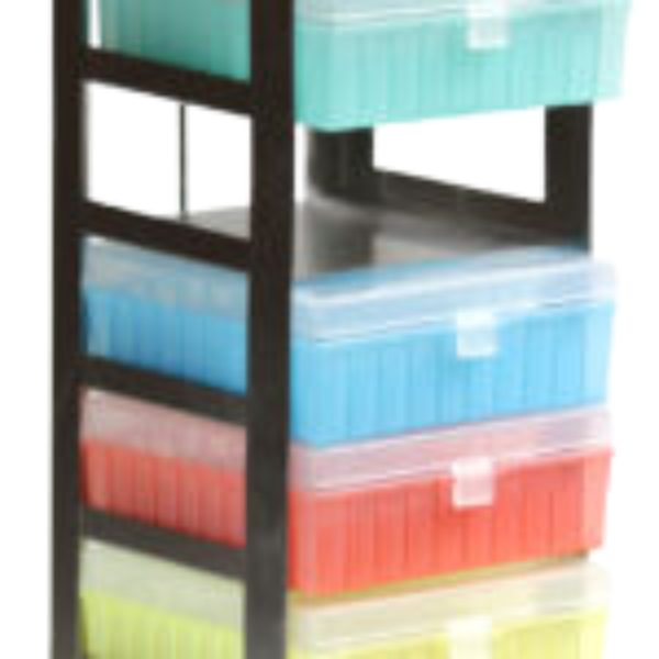 Vertical stainless steel storage rack holding multiple colorful 2-inch cryo boxes for organized freezer storage in labs.