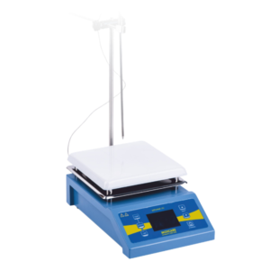Compact magnetic stirrer with 5 L stirring capacity, backlit LCD display showing speed, temperature, and time, ceramic hotplate, and digital temperature control.