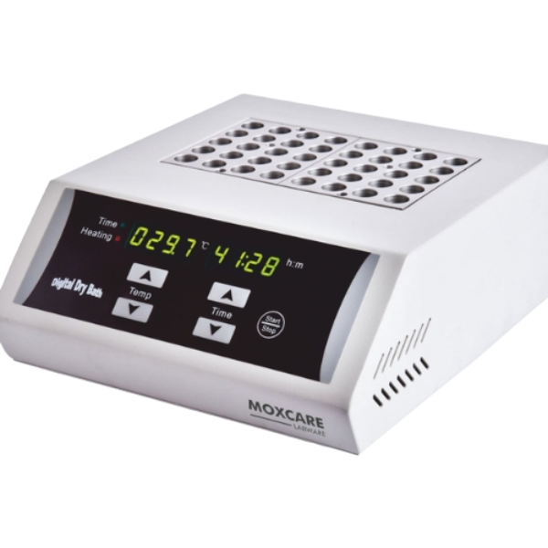 Laboratory dry bath with bright LED display, precise temperature control up to 150 °C, block uniformity ≤ ±0.5 °C, available in single and double block versions.