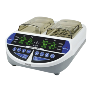Dual-block laboratory dry bath with LED display, independent heating and cooling control, temperature range -10 °C to 105 °C, precise stability and uniformity, over-temperature protection, and automatic fault detection.