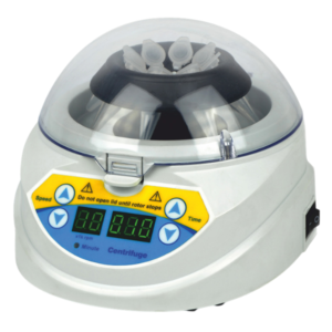Compact digital mini centrifuge with variable speed, clip-on rotor, bright LED display, noise-free operation, and large rotor for improved centrifugal force.