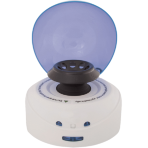 Compact mini centrifuge with fixed speed, clip-on rotor design, noise-free operation, and maintenance-free motor for laboratory use.
