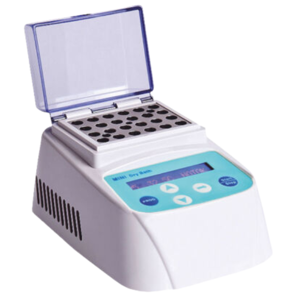 World’s smallest mini dry bath incubator, fits in the palm of your hand, with digital temperature control, exchangeable blocks for 0.2–50 ml tubes, and LCD display showing time and temperature.