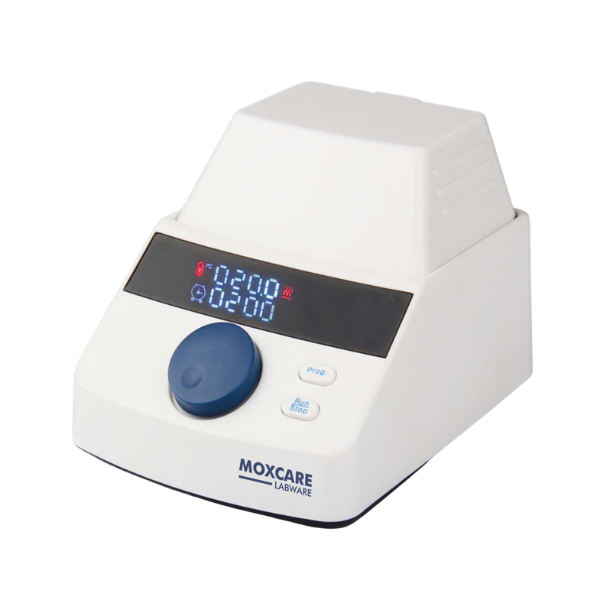 Compact laboratory mini dry bath with superbright LED display, precise temperature control ±0.5 °C, programmable up to 5 programs, and digital adjustment wheel.