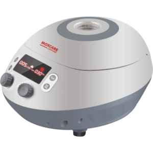 High-speed mini centrifuge with brushless DC motor, LED display, maximum 15,000 RPM, 15,100×g centrifugal force, pulse quick-spin, programmable 10 programs, and safety lid-lock system.
