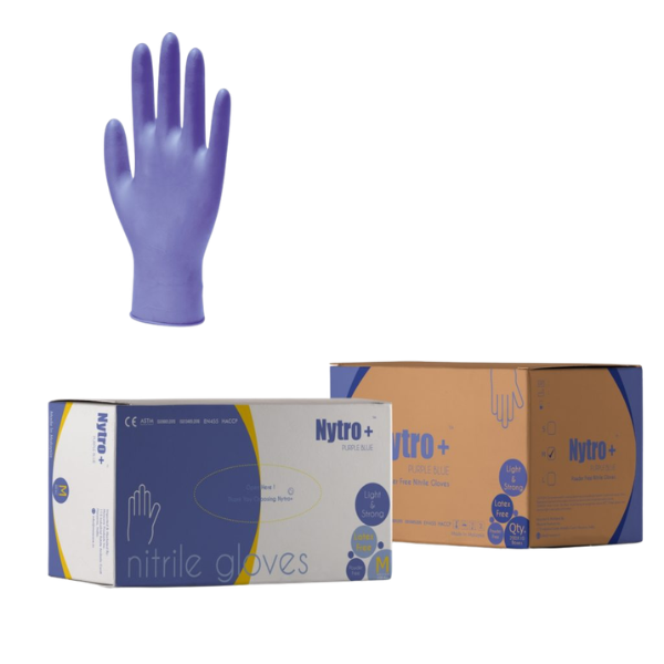 Powder-free, latex-free nitrile gloves providing chemical resistance and strong puncture protection