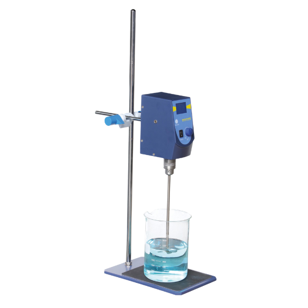 Laboratory overhead stirrer with heavy stable base, brushless motor, variable speed 100–2500 RPM, large backlit LCD display, and digital timer, available in 20 L and 40 L capacities.