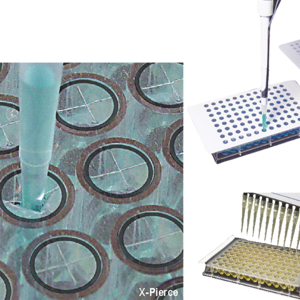 EZ-Pierce, Zone-Free™, and X-Pierce™ sterile lab sealing films on multiwell plates, showing easy-pierce and adhesive-free designs.Easily pierceable and chemically inert sealing films for short-term sample protection and recovery in laboratory applications.