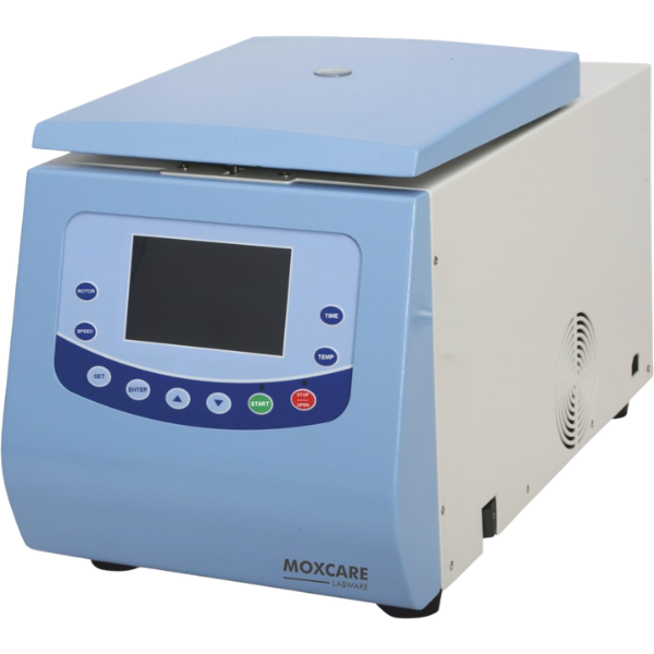 Refrigerated high-speed centrifuge with microcomputer control, rotor automatic recognition, LCD display, 16,500 RPM maximum speed, 21,532×g RCF, acceleration/deceleration levels, and built-in safety devices.