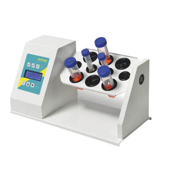 Rotating laboratory mixer with low-noise DC motor, backlit LCD showing speed, time, and mode, supporting rotation, shaking, and vortex operation for 1.5–50 ml tubes.