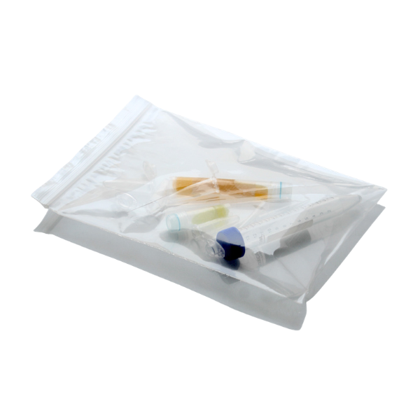 High-strength low-density polyethylene laboratory sample bags with zip lock closure, available in sizes 6×8, 8.5×12.5, and 10.5×14 inches.
