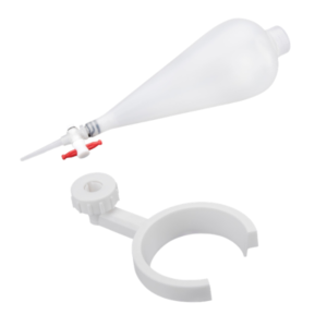 Glass separator funnels in 250 ml and 500 ml sizes, with a compatible separator funnel holder, used for liquid-liquid extraction in labs.