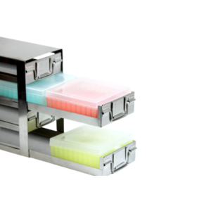 Corrosion-resistant stainless steel freezer storage racks (vertical, upright frame, and upright drawer types) for organizing cryo boxes in laboratory freezers.