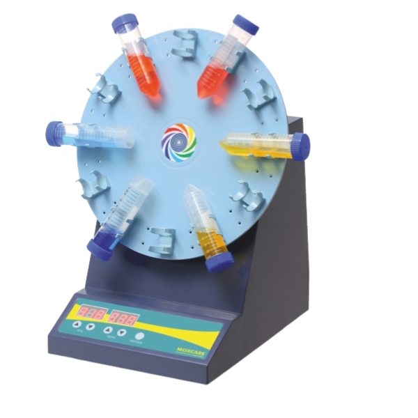 Tube rotator with 360° rotation, 30 cm diameter platform, LED display, and adjustable speed range 5–35 RPM for laboratory sample mixing.