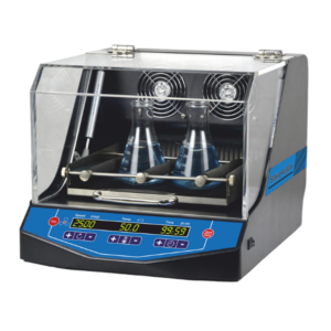 Compact benchtop shaker incubator with brushless DC motor, orbital shaking 20–30 mm, speed 50–300 RPM, temperature range RT+5 °C–60 °C, and timer 1–999 min.
