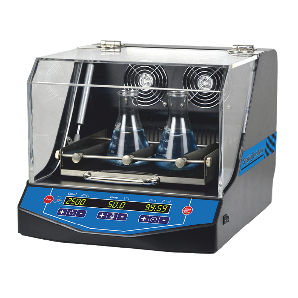 Compact benchtop shaker incubator with brushless DC motor, orbital shaking 20–30 mm, speed 50–300 RPM, temperature range RT+5 °C–60 °C, and timer 1–999 min.