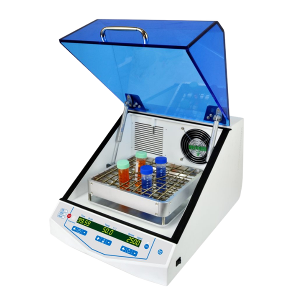 Compact laboratory incubator shaker with brushless DC motor, 20 mm orbital shaking, speed range 50–300 RPM, temperature range 4–60 °C, ±0.1 °C display accuracy, and timer 1 min–99 h 59 min.