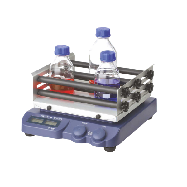 Compact laboratory shaker with orbital and reciprocating motion, 10 mm orbit/tilt, speed range 40–500 RPM, dual LCD display for speed and time, and maintenance-free brushless DC motor.