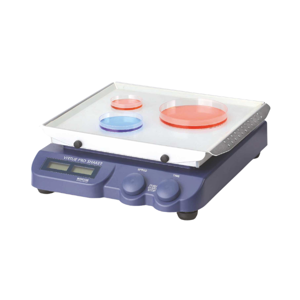 Virtue Pro shakers with bright backlit LCD, dual display for speed and time, maintenance-free brushless DC motor, and three motion options: orbital, rocking, and 3D.