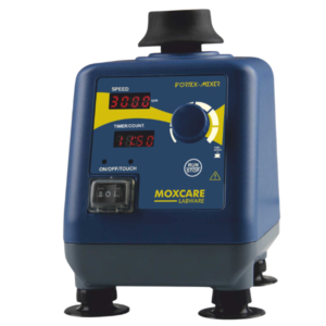 Compact orbital vortex mixer with 6 mm orbit, speed range 0–3000 RPM, superbright dual LED display, heavy iron base with suction feet, and three operation modes: touch, timer, and continuous.