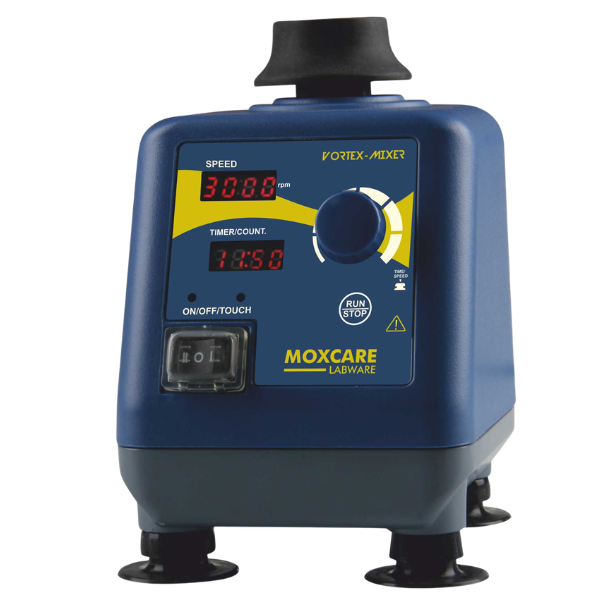 Compact orbital vortex mixer with 6 mm orbit, speed range 0–3000 RPM, superbright dual LED display, heavy iron base with suction feet, and three operation modes: touch, timer, and continuous.