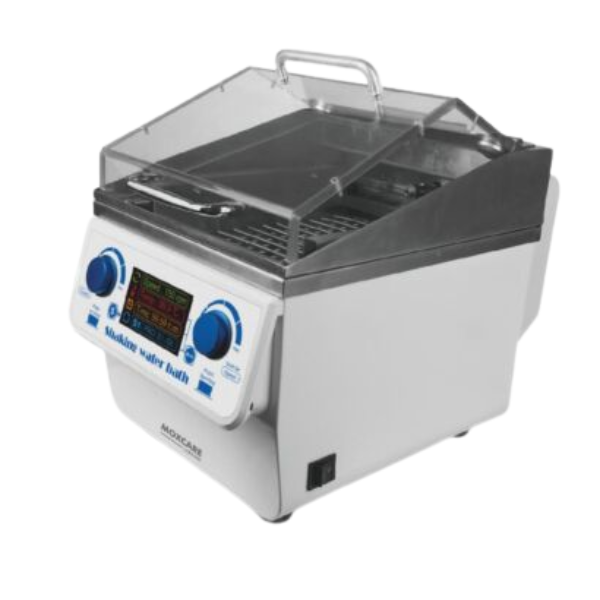 Laboratory water bath shaker with 10 L heating capacity, LCD display, temperature control range RT+5 °C to 100 °C, and temperature stability ±0.5 °C.